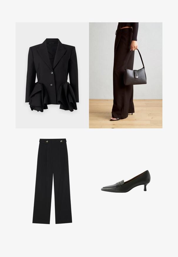 Čierny blejzer s štruktúrovaným siluetou, výraznými riasiacimi akcentami v oblasti pásu, dvoma gombíkmi a klopňovým dizajnom.; Čierny bezrukávový top so zhrnutou látkou, s hladkým výstrihom a dekoratívnym zlatým reťazovým doplnkom na ľavom pleci.; Čierne široké nohavice s vysokým pásom, so zapínaním na gombíky na páse a prednými sklady.; Čierna kožená heeled topánka s špicatou špičkou a dekoračným pásikom. Obsahuje nízky stiletto podpätok a hladký povrch.; Čierna kabelka so štruktúrovaným tvarom, hladkou textúrou a kovovou sponou. V kombinácii so širokými čiernymi nohavicami a sandálmi s otvorenou špičkou na drevenej podlahe.