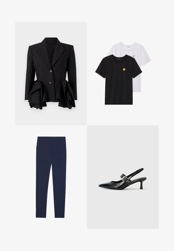 Black blazer featuring a structured silhouette, prominent ruffled accents at the waist, two buttons, and a notch lapel design.; Black and white T-shirts, round neck, short sleeves. Black shirt features yellow sun embroidery; white has purple crescent moon accent.; Navy blue trousers made from smooth fabric, featuring a straight-leg design and a flat front. No visible patterns or accents.; Black patent leather slingback heels with a pointed toe and a small block heel, featuring a silver buckle accent on the strap.