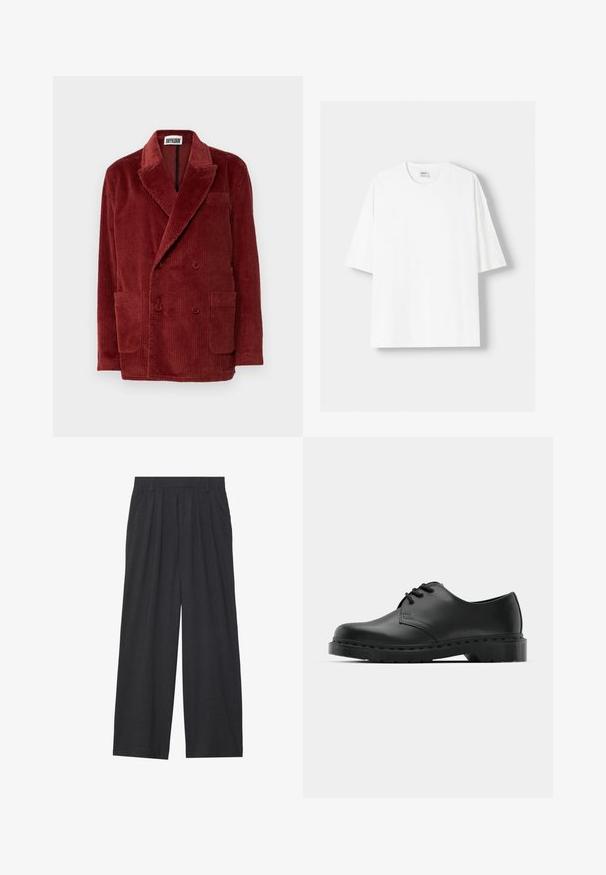 Czerwona kurtka z korduroju, zapinana na podwójne guziki, z szerokimi klapami, dwiema przednimi kieszeniami oraz teksturowanym materiałem, posiadającym pionowe prążkowane wzory.; Biała koszulka z krótkim rękawem wykonana z bawełny, z okrągłym dekoltem i luźnym krojem. Gładka faktura, bez widocznych wzorów lub akcentów.; Szerokie spodnie wykonane z ciemnoszarego materiału. Posiadają pliski w talii, dopasowany krój oraz prostą sylwetkę.; Czarne skórzane półbuty oxford z zapięciem na sznurowadła, zaokrąglonym noskiem, płaską gumową podeszwą oraz subtelnym przeszyciem na cholewce.