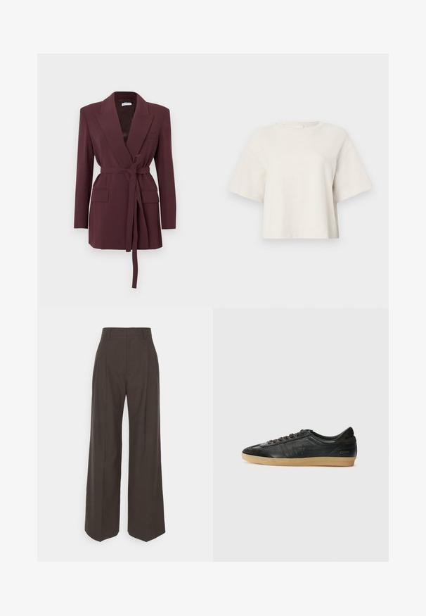 Burgundy blazer with long sleeves, notched lapels, front pockets, and a tied belt at the waist. Smooth fabric with a tailored fit.; Cream-colored cropped t-shirt made from ribbed fabric, featuring a round neckline and short sleeves with a relaxed fit.; Dark brown wide-leg trousers with a high waist, featuring neatly pressed creases, smooth texture, and a tailored fit.; Black leather sneaker with suede accents, round toe, gum rubber sole, flat laces, and stitched detailing. Features brand logo on heel.