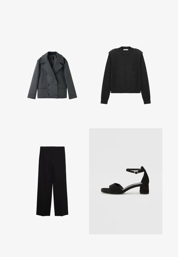 Gray wool blend double-breasted peacoat with notch lapels, two side pockets, and button closures, featuring a structured shape and textured fabric.; Dark gray, cropped sweater with long sleeves, a rounded neckline, and a textured finish. Simple design without patterns or embellishments.; Black wide-leg trousers with a smooth fabric, featuring pleats at the front and side pockets, designed with a straight, relaxed cut.; Black suede heeled sandals with a thin ankle strap, open toe design, and a modest block heel. Smooth texture and minimal accents.