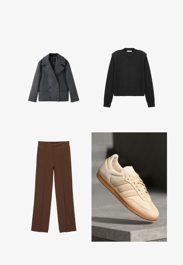 Harmaa villasekoitteinen kaksirivinen merimiestakki, jossa on lovetut kaulukset, kaksi sivutaskua ja nappisulkimet. Takissa on jämäkkä muoto ja teksturoitu kangas.; Tummanharmaa, lyhennetty villapaita pitkillä hihuilla, pyöreällä pääntiellä ja tekstuuripinnalla. Yksinkertainen muotoilu ilman kuvioita tai koristeita.; Ruskeat suorat housut, jotka on valmistettu sileästä kankaasta. Housuissa on tasainen etuosa, kaksi etutaskua ja painetut taitteet, jotka luovat räätälöidyn ilmeen.; Vaalea beige mokkanahkakenkä, jossa on kumipohja, kolme vinoraitaa ja struktuuroitu varvaskappale. Varustettu logolla kielellä ja sivussa.