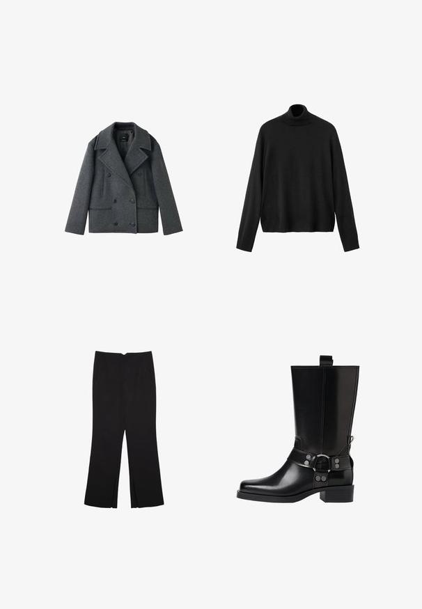 Sivi vuneni kaput dvostrukog pritiska s reverima, dva bočna džepa i dugmićima, sadrži strukturirani oblik i teksturiranu tkaninu.; Crni džemper s polo ovratnikom, izrađen od pletiva, ima duge rukave, uski ovratnik i blago skraćeni rub. Glatka tekstura, jednobojan.; Crne hlače ravnog kroja, s prednjim džepovima i bočnim prorezima na rubu. Izrađene od mekog i glatkog materijala. Pogodne za razne prigode.; Crne kožne čizmice do koljena s šiljastim prstima, sličnim srebrnim kopčama i debelim potplatima. Imaju rupicu za lakše oblačenje.