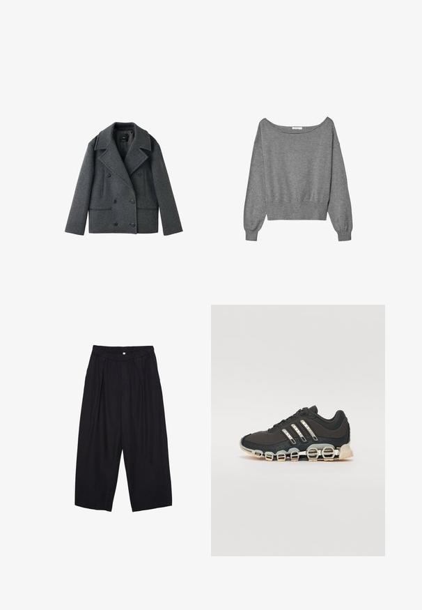 Šedý vlnený dvojradový kabát so záševkami, dvomi bočnými vreckami a gombíkovým zapínaním, vyznačujúci sa štruktúrovaným tvarom a textúrovanou látkou.; Šedý skrátený sveter z mäkkej tkaniny, s off-shoulder dizajnom, dlhými balónovými rukávmi a rebrovaným lemom.; Čierne polyesterové culotte nohavice s elastickým pásom, dvoma prednými záhybmi a voľným strihom. Žiadne viditeľné vzory ani detaily z kovu.; Čierna športová obuv s textúrovaným zvrškom, tromi striebornými pruhmi a charakteristickou podošvou s viacerými integrovanými sekciami.