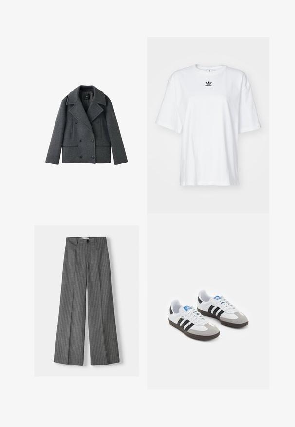 Gray wool blend double-breasted peacoat with notch lapels, two side pockets, and button closures, featuring a structured shape and textured fabric.; White short-sleeve t-shirt made of cotton. Features a crew neck and a small black Adidas logo on the chest. Straight-cut hem.; Gray wide-leg trousers with a pinstripe pattern, featuring a button closure and two front pockets. Made from textured fabric.; Sport shoes with a white leather upper, gray suede toe, and three black stripes. Features a blue logo on the tongue and a textured rubber sole.