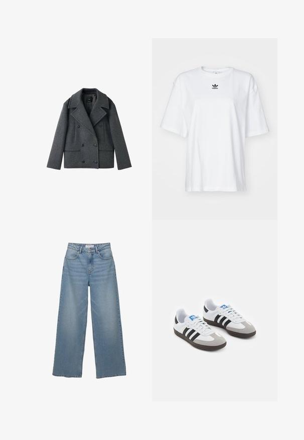 Šedý vlněný směsový dvouřadý peacoat s klopami, dvěma bočními kapsami a knoflíkovými zapínáními, který se vyznačuje strukturovaným tvarem a texturovanou tkaninou.; Bílý krátký rukávový tričko vyrobené z bavlny. Má kruhový výstřih a malé černé logo Adidas na hrudi. Rovný lem.; Světle modré džíny s širokými nohavicemi vyrobené z denimu. Mají vysoký pas, pět kapes a rovný střih s minimálním vyblednutím.; Sportovní boty s bílým koženým svrškem, šedou semišovou špičkou a třemi černými pruhy. Obsahují modré logo na jazyku a texturovanou gumovou podrážku.