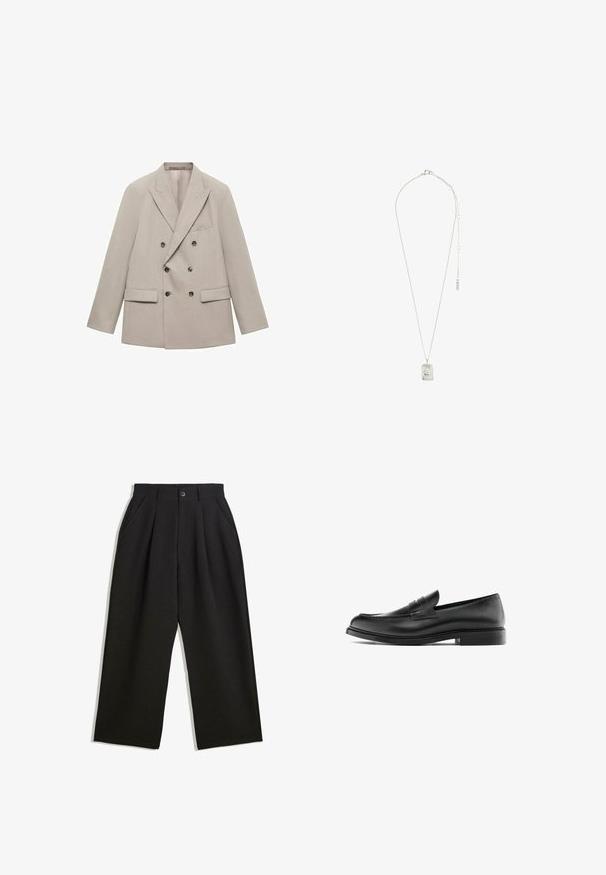 Béžový dvojřadý blazer vyrobený z hladké tkaniny, s klopovými límci, dvěma předními kapsami a šesti tmavými knoflíky.; Černá dlouhá halenka s rukávy typu henley vyrobená z měkké tkaniny, s knoflíkovou légou, kulatým výstřihem a obtáhlými rukávy.; Černé kalhoty s uvolněným střihem, s průhyby v přední části, bočními kapsami a zapínáním na knoflík. Vyrobené z texturované látky.; Černé kožené penny loafers s nízkým podpatkem, zaoblenou špičkou a prošíváním podél svršku, zobrazené v bočním profilu na bílém pozadí.; Stříbrný náhrdelník s obdélníkovým přívěskem se složitým designem, jemným řetízkem a nastavitelným zapínáním pro úpravu délky.