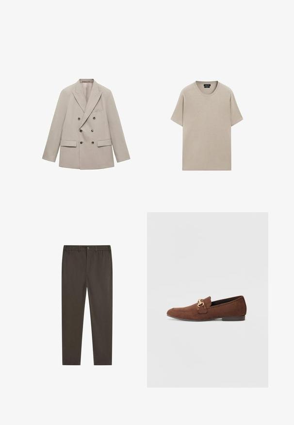 Béžový dvojřadý blazer vyrobený z hladké tkaniny, s klopovými límci, dvěma předními kapsami a šesti tmavými knoflíky.; Béžové bavlněné tričko s kulatým výstřihem, krátkými rukávy a volným střihem. Hladký povrch s jednoduchým designem, bez viditelných vzorů nebo akcentů.; Tmavě hnědé kalhoty s přímým střihem nohavice, elastickým pasem, zapínáním na knoflík vpředu a bočními kapsami. Hladká textury látky.; Hnědé nubukové mokasíny s akcentem ze zlaceného kovu, mandlovým tvarem špičky a nízkým podpatkem. Obsahují detaily prošívání na svršku.