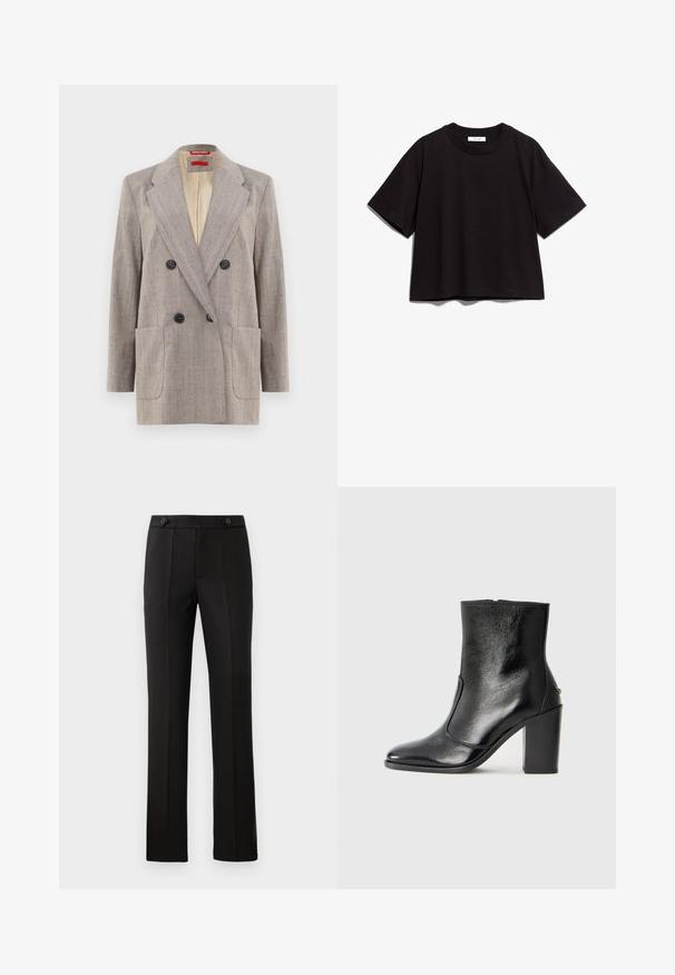 Heled kohalike õmblustega hall kahe nööbiga bleiser, millel on tekstureeritud kude, lõigatud krae, kaks esist pocketit ja mustad nupud. Sisevooder on beež.; Must musta lühikese varrukaga t-särk ümmarguse kaeluse ja lõdva istuvusega. Omab lihtsat, kaunistamata disaini.; Mustad kohandatud püksid sirge säärega, kahe esipocketiga, nup closure'iga ja volditud detailidega ees. Sile kangatekstuur.; Must kõvale nahast pahklipsu saapad, millel on sile tekstuur, terav varvas ja paks kõrge kann. Omab külgavatust ja minimalistlikku disaini.