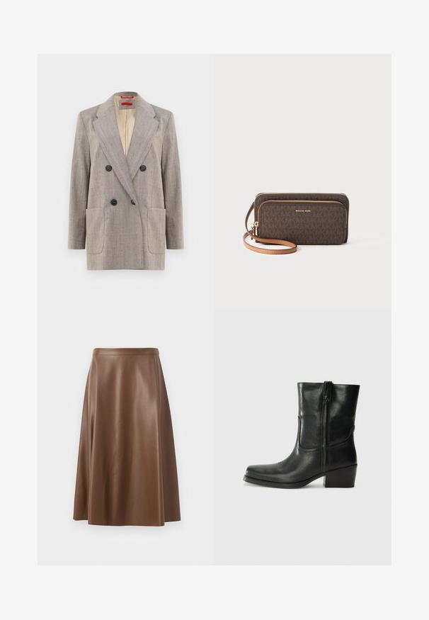 Blazer de doble botonadura en gris claro con tejido texturizado, solapas en pico, dos bolsillos frontales y botones negros. Interior forrado en beige.; Top negro sin mangas con tirantes finos, hecho de una tela acanalada, que presenta un corte recto y una etiqueta en el cuello que dice "IVY OAK".; Falda de cuero marrón en corte A con una textura suave y un dobladillo de longitud media. Presenta una cintura ajustada y un ligero vuelo desde las caderas.; Botín negro de cuero hasta el tobillo con punta redondeada, tacón cuadrado, cremallera lateral y detalles de costura en el empeine. Textura suave, diseño clásico.; Cartera marrón con estampado, cierre de cremallera, herrajes dorados y una correa extraíble en tono beige. Presenta el logo "MICHAEL KORS" en la parte frontal.