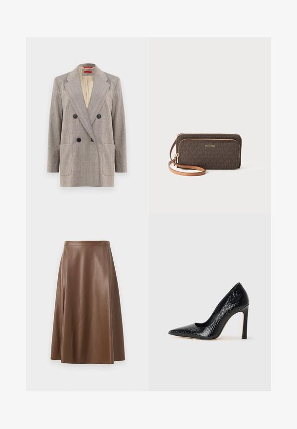 Dvojradový blejzer vo svetlo šedej farbe s textúrovanou látkou, s klopami, dvoma prednými vreckami a čiernymi gombíkmi. Interiér podšitý béžovou látkou.; Čierny tielko s tenkými ramienkami, vyrobené z rebrovanej tkaniny, s rovnými okrajmi a označením na výstrihu s nápisom "IVY OAK."; Hnedá kožená sukňa v A strihu s hladkou textúrou a stredne dlhým lemom. Má priliehavý pás a jemné rozšírenie od bedier.; Čierna lodička s špicatou špičkou a lakovanou textúrou krokodíla, s elegantným dizajnom, vysokým stiletto podpätkom a hladkým čiernym interiérom.; Hnedá peňaženka so vzorom, so zipsom, zlatými kovovými prvkami a odnímateľným svetlohnedým popruhom. Na prednej strane je logo "MICHAEL KORS".