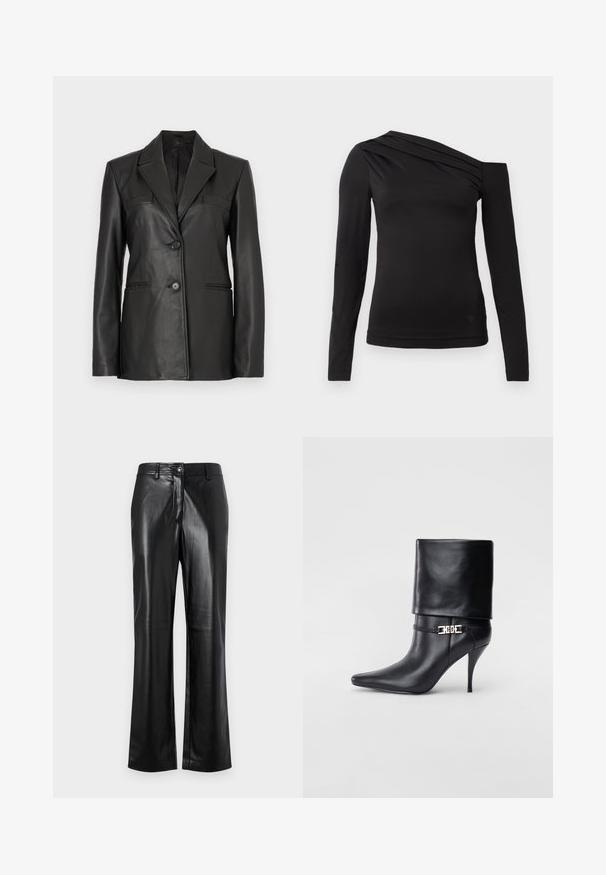 Juodas odinis bleizeris su pritaikyta forma, dviem priekinių kišenėmis ir vieno mygtuko uždarymu. Savybės - aštrūs atvartai ir glotni tekstūra.; Juoda ilga rankovė viršūnė su asimetrine apykakle, parodanti vieną petį ir švelniai drapiruota per krūtinę.; Juodos odinės kelnės su tiesiu kirpimu, turinčios priekinį sagos uždarymą, diržo kilpas ir glotnų, poliruotą paviršių.; Juodos odinės kulkšninių botų su smailiu nosiu, aukštu stiletto kulnu, apvyniojamu kraštu ir auksine dekoratyvine sagtimi prie kulkšnies.