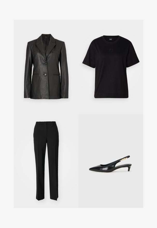 Črna usnjena blejzer jakna s prirejenim dizajnom, dvema sprednjima žepoma in enojnim gumbom. Ima ostre reverje in gladko teksturo.; Črna bombažna majica s krožnim izrezom, kratkimi rokavi in izvezenim logotipom na prsih. Preprosta, sproščena silhueta brez vzorcev.; Črne krojene hlače s direktnim krojem, ki se ponašajo z gladko teksturo in ostrimi pregibi spredaj. Ni vidne kovine.; Črne usnjene sandale na peto z ostro konico, ki imajo tanko peto in zlat ton na nastavljivem traku. Gladka tekstura.