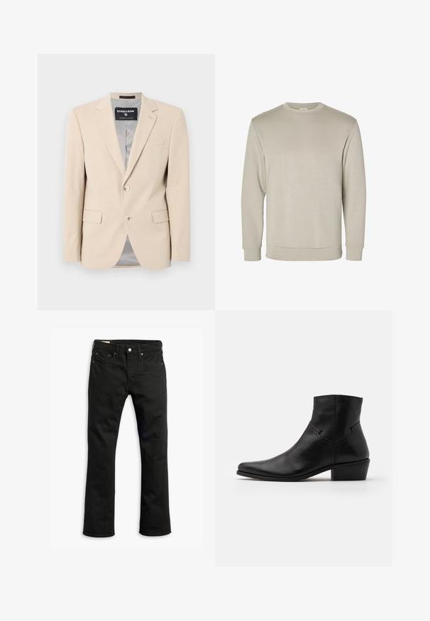 Beige blézer puha anyagból, két elülső zsebbel, éles gallérral, egysoros gombolással és sima szürke béléssel.; Beige hosszú ujjú kereknyakú pulóver, puha anyagból készült, bordás mandzsettákkal és szegéllyel, sima textúrával és minimalista dizájnnal.; Fekete farmernadrág egyenes szárú fazonnal, öt zsebel, fém gombos záródással és visszafogott varrási részletekkel. Simább textúra és egységes szín.; Fekete bőr bokacsizma hegyes orral, minimális varrási részletekkel, közepes magasságú tömbsarkúval és sima, fényes felülettel.