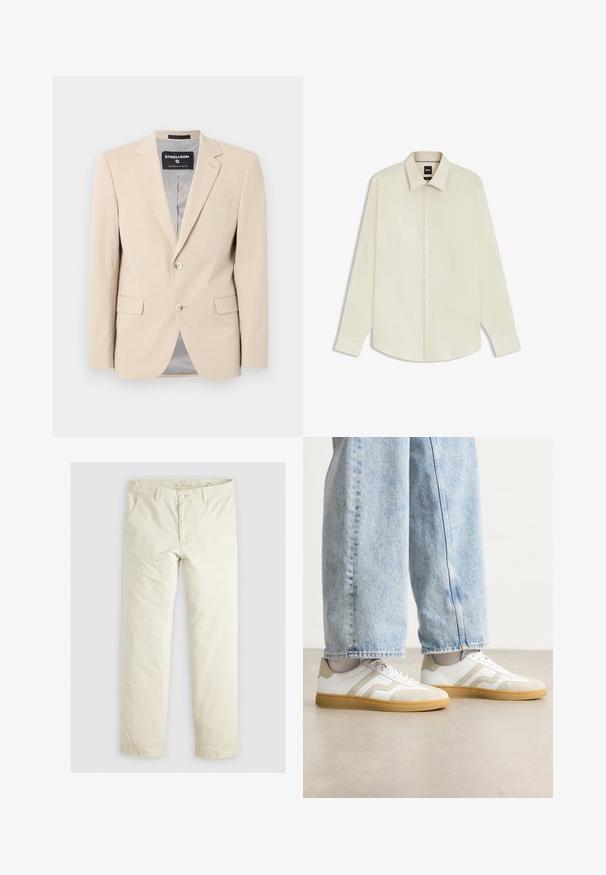Beige Blazer aus weichem Stoff, mit zwei Vorderaschen, Reverskragen, einem Knopfverschluss und einer glatten grauen Fütterung.; BOSS JOE KENT - Businesshemd - open white eleven; Helle beigefarbene, lässig geschnittene Hose mit drei Taschen, Gürtelschlaufen und geradem Bein. Hergestellt aus einem weichen Baumwoll-Mix.; Weiße Sneakers mit beigen Wildleder-Akzenten und hellen Gummisohlen; verfügen über ein Low-Top-Design und eine strukturierte Oberflächenverarbeitung.