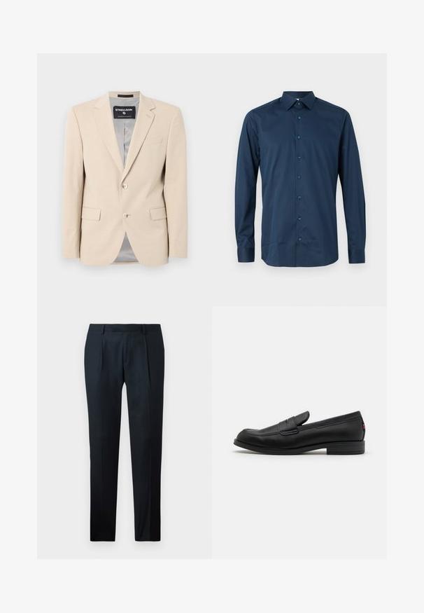 Bež sako od mekog materijala, s dva prednja džepa, urezanim reverima, zatvaranjem na jedan dugme i glatkom sivom podstavom.; Mornarsko plavi dukserica dugih rukava s dugmadi, izrađena od glatke tkanine. Ima standardnu okovratnik, prednji pas s dugmadi u istom tonu i manžete na rukavima.; Crne krojene hlače od glatkog materijala, s dizajnom uskog kroja, dva prednja nabora i ravnim pojasom bez vidljivih metalnih dijelova.; Crne kožne mokasine s glatkom površinom, zaobljenim vrhom i malim dekorativnim preklopom. Imaju nisku složenu petu i suptilni detalj s brandom.