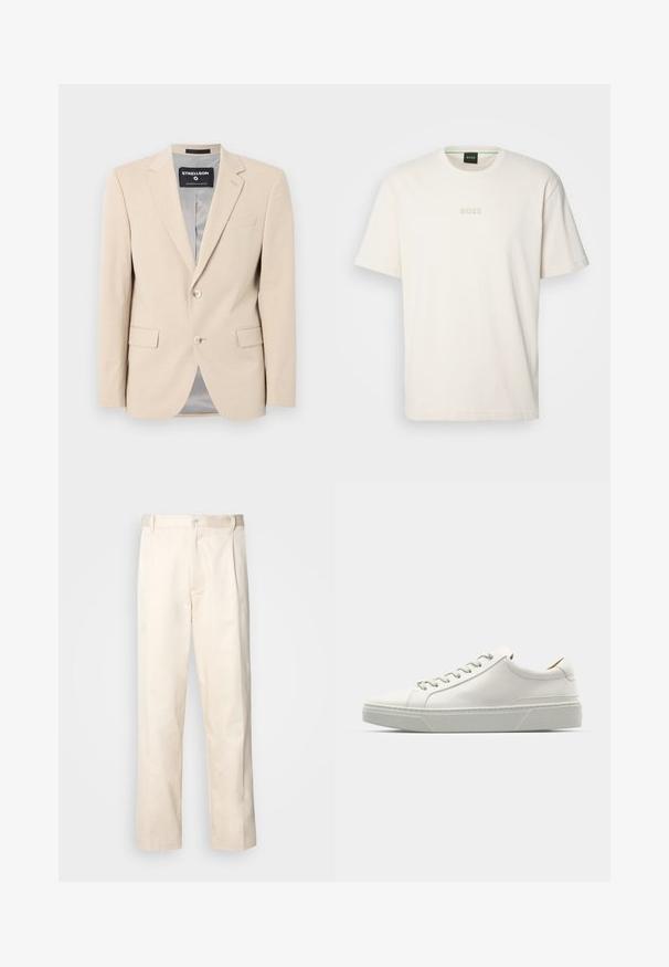Beige blazer med myk stoff, to frontlommer, notklapper, enkel knappelukking, og en jevn grå fôr.; BOSS TEE - T-shirts - open white; Beige bomullsbukser med rett benfatt, med knappelukking og folder foran for ekstra detaljer.; Hvit lær sneakers med rund tå, minimalistisk design, grå snøring og teksturert grå gummisåle. Subtile sømdetaljer synlige.
