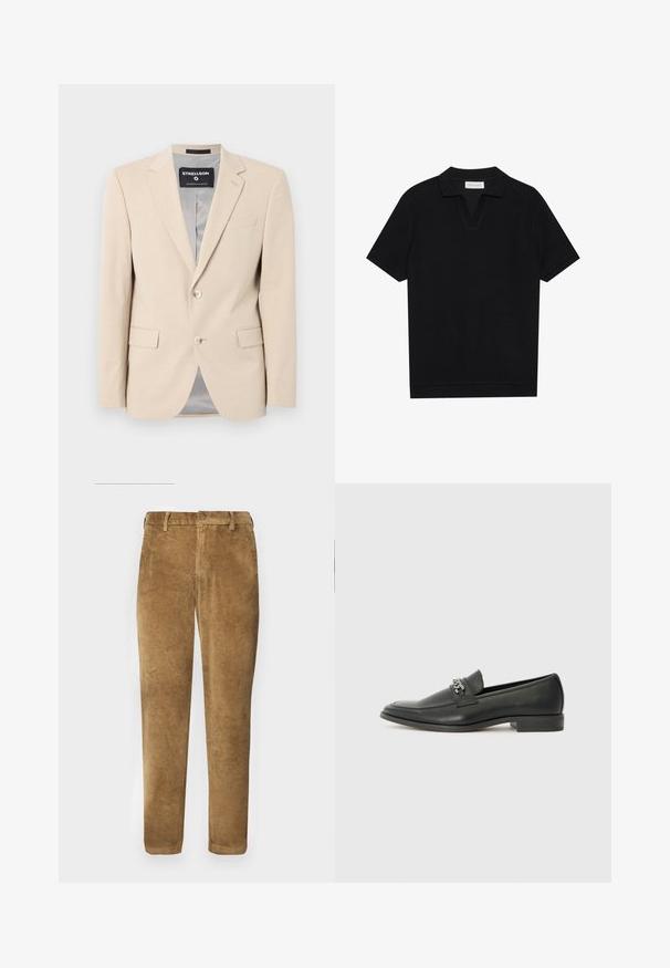 Blazer beige con tessuto morbido, due tasche frontali, rever a punta, chiusura con un solo bottone e foderatura grigia liscia.; Polo shirt nera a maniche corte in tessuto texturizzato a coste, con scollo a V e orlo dritto. Nessun logo o motivo visibile.; Pantaloni in corduroy marroni con texture a coste verticali, taglio dritto, chiusura con bottone e passanti per cintura. Tessuto morbido con una finitura liscia.; Mocassino in pelle nera con finitura liscia, caratterizzato da un design cucito e da un accento decorativo in catena metallica sul vamp. Tacco piatto.