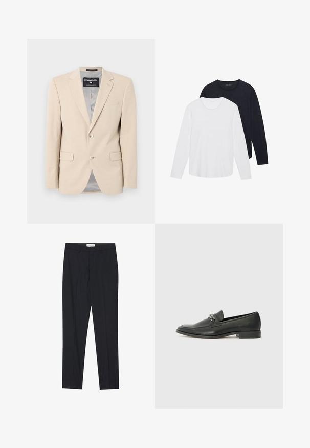 Beige bleizers ar mīkstu audumu, divām priekšējām kabatām, izgrieztiem atlapām, vienu pogu aizdari un gludu pelēku odere.; Divas divas garām piedurknēm: viena balta un viena tumši pelēka. Abām ir apaļas kakla izgriezuma formas, un tās ir ar gludu, mīkstu tekstūru.; Melni pielāgoti bikses ar taisnu priekšpusi, regulāra piegriezuma, izgatavotas no gluda auduma, ar presētām krokām un sānu kabatām.; Melna ādas loafer izmēra apavi ar gludu virsmu, piedāvā ar šūtu dizainu un dekoratīvu metāla ķēdes akcentu pār vampu. Plakana papēža daļa.