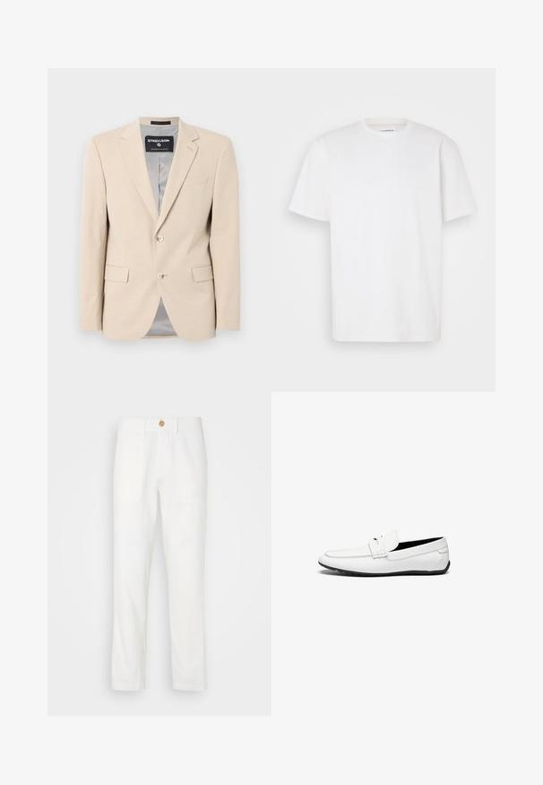 Beige blazer with a soft fabric, two front pockets, notch lapels, single button closure, and a smooth gray lining.; White short-sleeve T-shirt in cotton, featuring a crew neckline and a simple, straight-cut design with no patterns or accents.; White fabric trousers with a straight cut, featuring two front pockets and a button closure. Smooth texture and clean design.; White leather loafers with a smooth finish, featuring a stitched accent, a rounded toe, and a black rubber sole for grip.
