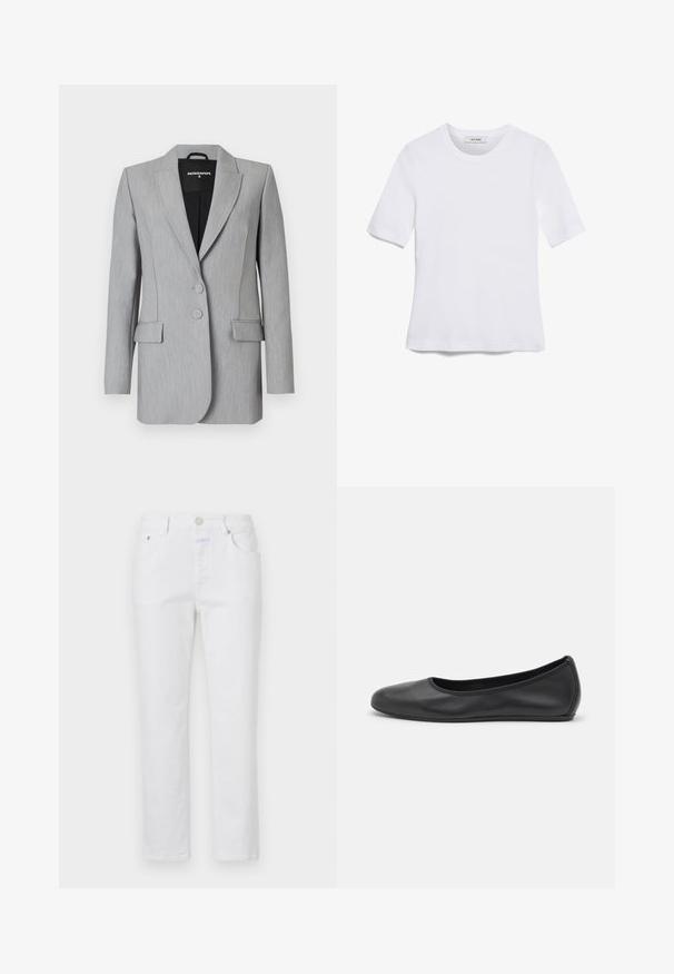 Grå kavaj med slagkrage, två knappar och två framfickor. Slät textur med subtilt vertikalt mönster. Svart inredning.; Vit kortärmad t-shirt i ribbat tyg. Rund halsringning, normal passform och diskreta sömdetaljer. Inga mönster eller tryck.; Vita denimjeans med rak passform, fem fickor och metalldragkedja. Har en subtil textur och ljusa stygn.; Svart läderballerinaskor med rund tå, slät yta, minimala söm detaljer och en flexibel sula.