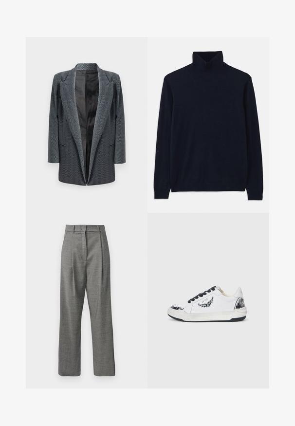 Blazer em cinza escuro com padrão de espinha de peixe, apresentando um colarinho com corte em bico, frente aberta e mangas longas. Forro interior suave.; Sweater de gola alta azul marinho com mangas longas, feito de um tecido de malha suave. Apresenta um colarinho e punhos canelados, com um design simples e sem padrões.; Calças cinza de alta cintura com pequeno padrão xadrez, pregas frontais, passantes para cinto e pernas retas sobre fundo branco.; Sapatilha branca com detalhes pretos, apresentando um design texturizado na lateral, atacadores pretos e sola de borracha. Logótipo e arte na parte superior.