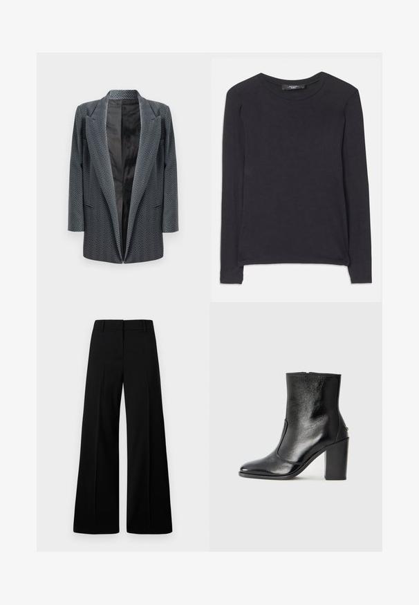 Sako v tmavě šedé barvě s herringbone vzorem, s klopovým límcem, otevřeným předním dílem a dlouhými rukávy. Hladká podšívka.; Černá dlouhá košile s kulatým výstřihem, vyrobená z měkké látky. Má jednoduchý design a jemné švy podél lemu.; Černé kalhoty s širokými nohavicemi, které mají hladkou texturu, strukturovaný pas a přední skládané detaily. Minimalistický design bez viditelného kovového hardwaru.; Černé kožené kotníkové boty s hladkou texturou, špičatou špičkou a robustním vysokým podpatkem. Mají boční otvor a minimalistický design.
