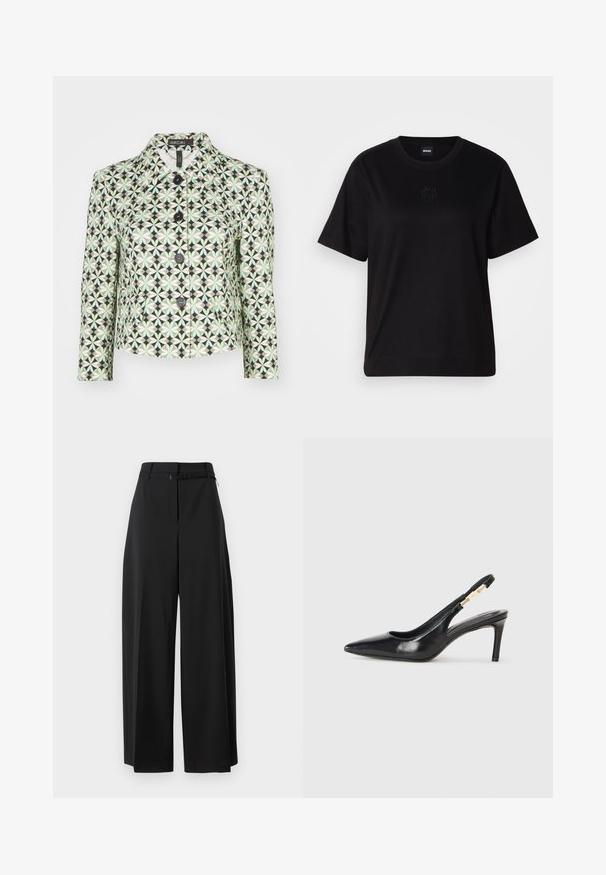 Patterned jacket featuring a geometric design in green and black. Fabric has a glossy finish, with a collar and button-front closure.; Black cotton t-shirt with a crew neckline, short sleeves, and an embroidered logo on the chest. Simple, relaxed fit with no patterns.; Black wide-leg trousers with a high waist and a belt. Features a smooth texture and clean lines, designed for a relaxed fit.; Black leather slingback high-heeled shoe with a pointed toe, smooth texture, and a narrow ankle strap featuring gold hardware accents.