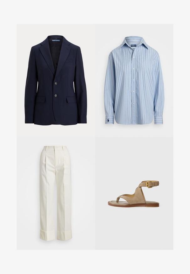 Sötétkék, szabott zakó sima anyagból, melynek állása egy bemetszett gallér, két elülső zseb és két gombos elülső zárás.; Világoskék hosszú ujjú ing, fehér és barna függőleges csíkokkal, gombos záródással elöl, és egy kis logóval a bal csuklón. Puha anyagú textúra.; Fehér, szabott nadrág magas derékkal, dupla elülső redőkkel és széles lábakkal, hajtogatott szegésekkel. Simító, textúrált anyagból készült.; Beige velúr szandál lábujjhurkokkal, nyitott oldalakkal és széles boka pánttal, arany csattal. Lapos barna talp, enyhe peremmel.