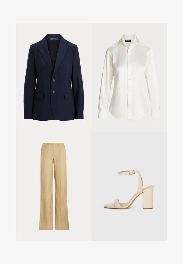 Tamsiai mėlynas pritaikytas švarkas, pagamintas iš lygaus audinio, su iškirptu apykakle, dviem priekinėmis kišenėmis ir dvigubu mygtukų užsegimu.; Balta ilgomis rankovėmis marškiniai su sagomis, pagaminti iš glotnaus audinio, su klasikinio tipo apykakle ir subtiliu blizgesiu, su apvaliu kraštu ir sagų detalėmis.; Kreminės spalvos plačios kojos kelnės, pagamintos iš lygaus medvilnės, su klasikiniu juosmeniu ir užpakaline kišenėle, tiesiu kirpimu ir minimaliu dekoru.; Bežinės aukštakulnės šlepetės su kvadratiniu носu, plona kulkšnies juosta ir blokiniu kulnu. Lygus odos tekstūra su aukso sagte.