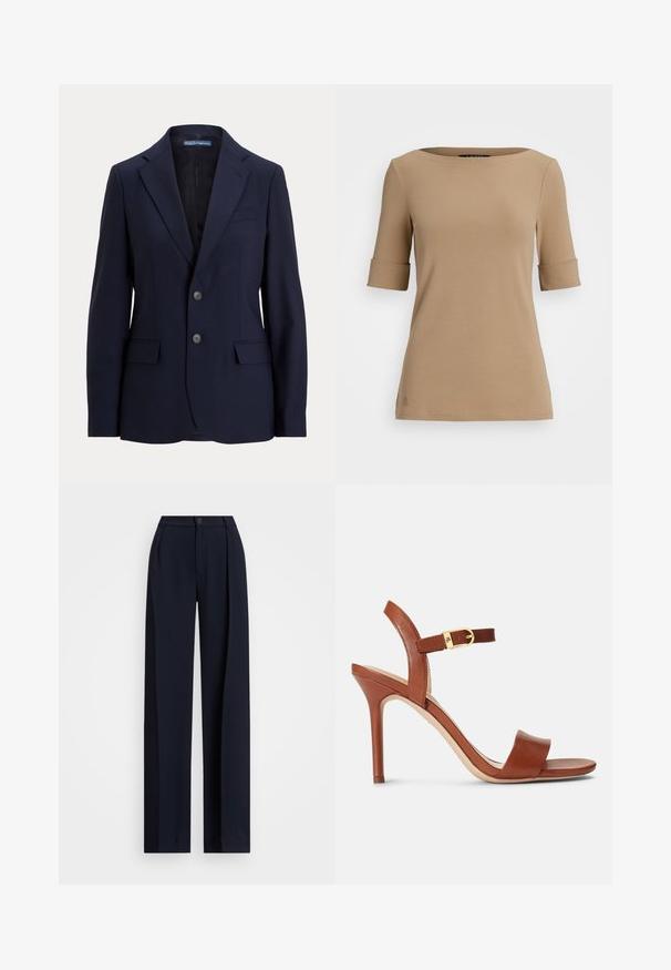 Granatowy marynarka dopasowana z gładkiego materiału, z kołnierzem z klapami, dwoma przednimi kieszeniami i zapięciem na dwa guziki.; Beżowy top z krótkim rękawem i okrągłym dekoltem, z podwiniętymi mankietami i gładką teksturą. Mały detal z logo w pobliżu dołu.; Granatowe spodnie o szerokich nogawkach z plisami, zapinane na guzik, o gładkiej fakturze materiału. Zaprojektowane z myślą o luźnym, komfortowym dopasowaniu.; Brązowe skórzane sandały na wysokim obcasie o eleganckim wzornictwie, z regulowanym paskiem na kostkę i subtelnym akcentem w postaci złotego zapięcia. Otwarty przód i gładka faktura.