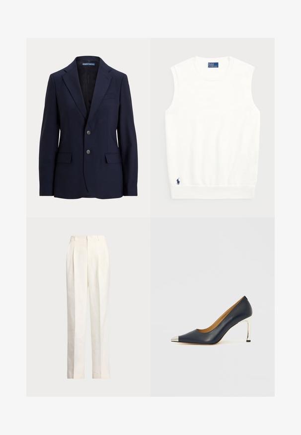 Námořnický modrý oblekový blazer vyrobený z hladké tkaniny, který má klopený límec, dvě přední kapsy a zapínání na dva knoflíky.; Bílé bezrukávové svetr vyrobený z hladké bavlny, s ribbovaným lemem a malým námořnickým logem ve spodním levém rohu. Jednoduchý design, bez vzorů.; Polo Ralph Lauren HEMP WIDE LEG PANT - Kalhoty - nevis; Tmavě modrá kožená lodička na vysokém podpatku s špičatou špičkou, zdobená stříbrným kovovým zakončením a lesklým stříbrným jehlovým podpatkem.