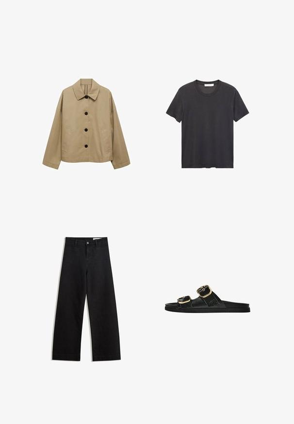 Beige jakke med klassisk krave, sorte knapper, to sidelommer og en løs pasform. Lavet af et glat stof med en let mat overflade.; Sort crew-neck t-shirt lavet af blødt bomuldsstof. Korte ærmer, afslappet pasform og lige kant uden udsmykninger eller mønstre.; Sorte wide-leg denim bukser med høj talje, der har front- og baglommer, syede sømme og en knaplukning. Glat tekstur.; Sort skridsandal med to guldspænder, glat tekstureret materiale, flad sål og et minimalistisk design.