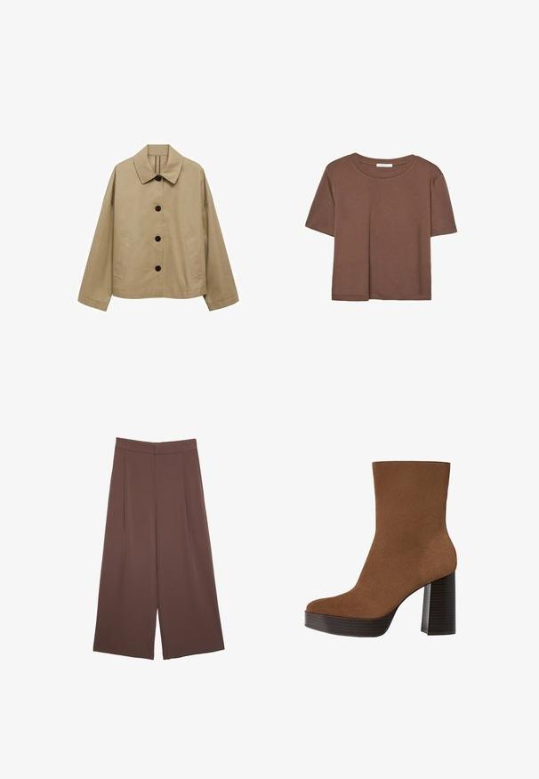 Béžová bunda s klasickým golierom, čiernymi gombíkmi, dvomi bočnými vreckami a voľným strihom. Vyrobená z hladkej tkaniny s mierne matným povrchom.; Hnedé tričko s krátkym rukávom vyrobené z jemného materiálu, s okrúhlym výstrihom a voľným strihom. Žiadne viditeľné vzory ani akcenty.; Hnedé nohavice so širokými nohavicami a hladkou textúrou, s vysokým pásom a prednými skladmi. Tkanina je ľahká a voľne sa pohybuje.; Hnedé z semišu členkové topánky s okrúhlou špičkou, robustným čiernym pruhovaným podpätkom a hladkým povrchom. Vyhotovenie je prispôsobené bez viditeľných kovových prvkov.