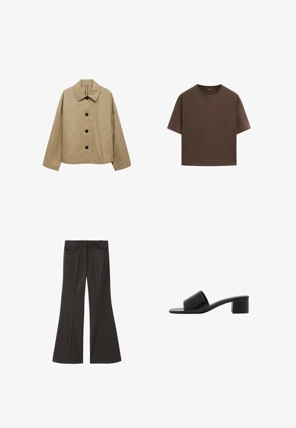 Beige Jacke mit klassischem Kragen, schwarzen Knöpfen, zwei seitlichen Taschen und lockerer Passform. Hergestellt aus einem glatten Stoff mit leicht matter Oberfläche.; Braunes Baumwoll-T-Shirt, kurze Ärmel, runder Halsausschnitt, lockere Passform, glatte Textur, minimalistisches Design, keine sichtbaren Muster oder Akzente.; Schwarze, weit geschnittene Hosen mit hoher Taille; verfügt über zwei Fronttaschen und eine glatte Stoffoberfläche. Geeignet für verschiedene Anlässe.; Schwarze Leder-Sandale mit offenem Zehenbereich, breitem Riemen und solidem Blockabsatz. Sie zeichnet sich durch eine glatte Textur und ein minimales Design aus.