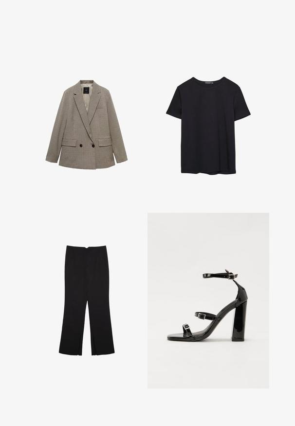 Dubbelknäppt kavaj i rutigt mönster, med en ljusbrun och mörkbrun färgskala, två framfickor och knappdekorationer.; En enkel svart bomulls T-shirt med kort ärm och rund hals, uppvisad på en vit bakgrund.; Svarta byxor med rak passform, utrustade med framfickor och sidoklyvningar vid fållen. Tillverkade av mjukt, slätt tyg. Lämpliga för olika tillfällen.; Svarta lackerade klacksandaler med fyrkantig tå, ankelremmar och silverfärgade spännen. Har en kraftig blockklack för stabilitet.