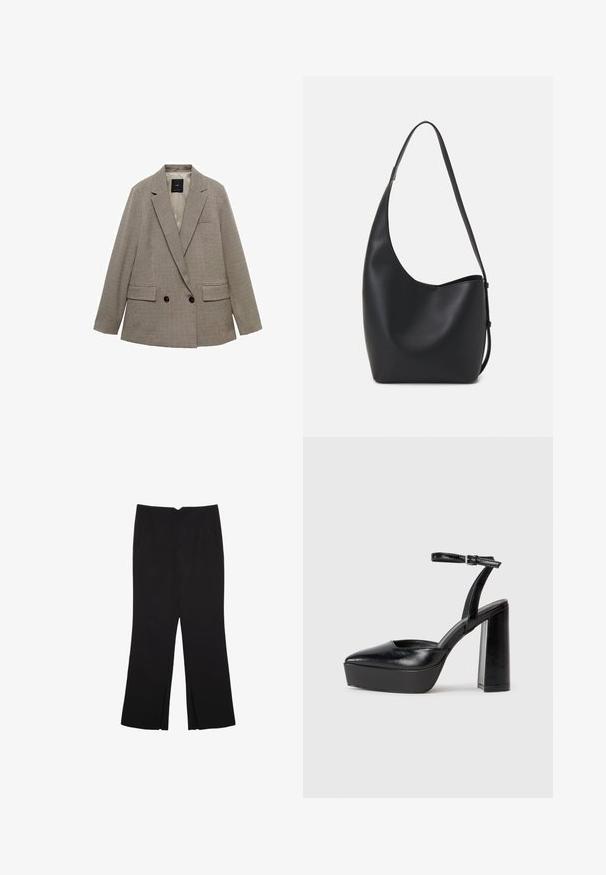 Dwurzędowa marynarka w kratkę, w jasnobeżowo-ciemnobrązowym kolorze, z dwiema przednimi kieszeniami i guzikami.; Czarny bezrękawnik crop top z gładkiego materiału, z okrągłym dekoltem i czystym, prostym wzornictwem, bez wzorów czy metalowych elementów.; Czarne spodnie o prostym kroju, z przednimi kieszeniami i bocznymi rozcięciami na dole. Wykonane z miękkiego, gładkiego materiału. Odpowiednie na różne okazje.; Czarne platformy na wysokim obcasie z szpiczastym noskiem i regulowanym paskiem na kostkę. Wykonane z gładkiej skóry, z grubym słupkowym obcasem.; Czarna skórzana torba hobo o gładkiej fakturze, zaokrąglonym kształcie i pojedynczym, regulowanym pasku; posiada szerokie otwarcie na górze.