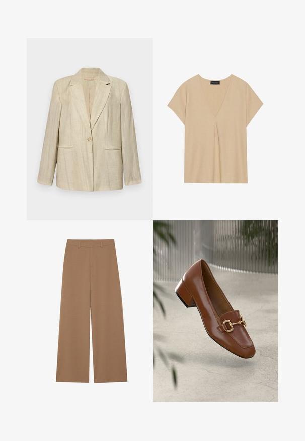 Gaiši brūns žakets ar nazola apkakli, vienu pogu un divām priekšējām kabatām. Tekstūrēts audums ar vertikālām svītrām. Garas piedurknes.; Bežs tops ar V-veida kakla izgriezumu un īsām piedurknēm. Viegls, teksturēts audums ar centrālo krokām. Vienkāršs, relaksēts dizains.; Platas kāju bikses vienkāršā brūnā krāsā, izgatavotas no teksturētas auduma; ar augstu jostasvietu un strukturētu dizainu, kas aprīkots ar josta cilpiņām.; Brūni lakoti ādas loaferi ar kvadrātu purngalu, metālisku ķēdes akcentu un zemu blokveida papēdi; gluda tekstūra, minimālisma dizains.