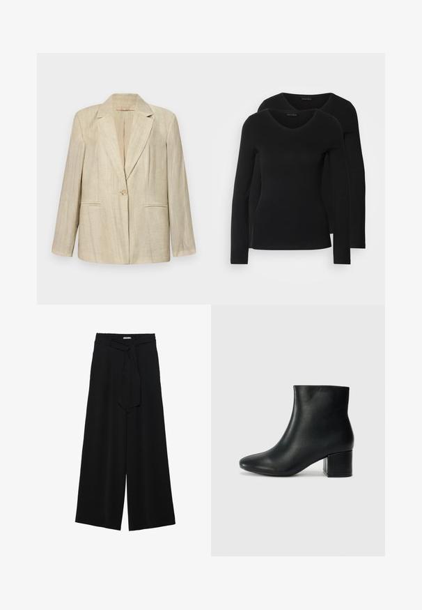 Blazer bege com gola de notched, fecho de botão único e dois bolsos frontais. Tecido texturizado com riscas verticais. Mangas longas.; Duas camisetas pretas de manga longa com design em V, feitas de um tecido macio e elástico, apresentando uma textura suave e um formato ajustado.; Calças largas pretas com um tecido texturizado, uma cintura elástica e um laço destacável na cintura para um ajuste ajustável.; Botas de tornozelo em pele preta com bico pontiagudo e um salto robusto. Textura suave com acentos mínimos e um design ajustado e elegante.