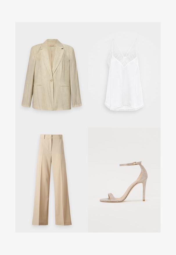 Beżowa marynarka z kołnierzem w szpic, z pojedynczym zapięciem na guzik oraz dwiema kieszeniami z przodu. Teksturowany materiał w pionowe paski. Długie rękawy.; Biała koszulka na ramiączkach z dekoltem w serek, cienkimi ramiączkami, teksturowanymi koronkowymi akcentami na ramionach i zaokrąglonym dołem. Gładka tekstura materiału.; Beżowe spodnie o szerokich nogawkach wykonane z gładkiego materiału, z płaskim przodem i zakładkami, z zapięciem na zamek i pętelkami na pasek. Dopasowany krój.; Sandały na wysokim obcasie z paskami w metalicznym odcieniu różowego złota, z teksturowaną cholewką, otwartym toe oraz paskiem wokół kostki z ozdobną złotą klamrą.