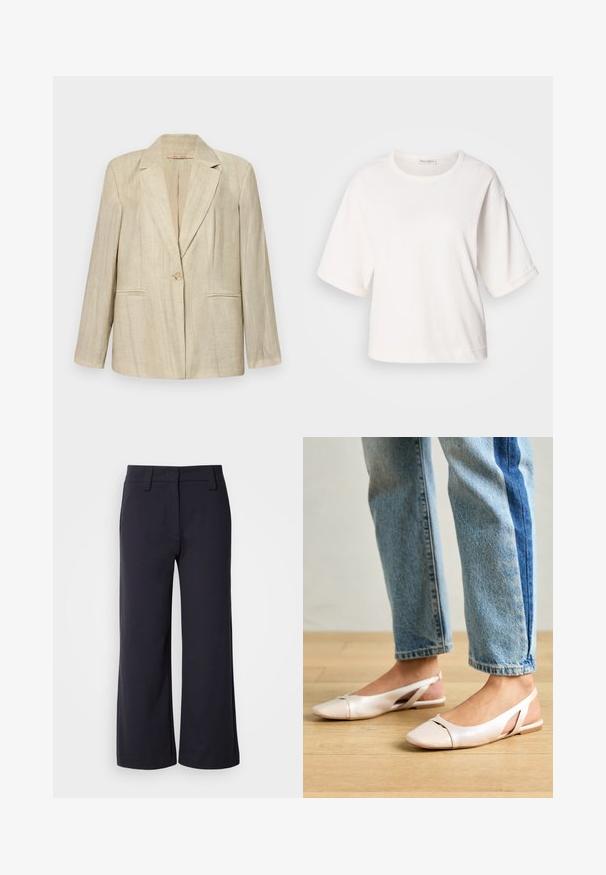 Bež jakna z izrezanim ovratnikom, z enim gumbom in dvema sprednjima žepoma. Tekstura tkanine z navpičnimi črtami. Dolgi rokavi.; Bela bombažna majica s sproščenim krojem, kratkimi nastavljivimi rokavi, okroglo ovratnikom in gladko teksturo. Preprost, minimalisticen dizajn.; Široke hlače iz temno modrega blaga. Imajo raven sprednji del, obrobo za pas in stranske žepke. Material je gladek z rahlo elastičnostjo.; Svijetloružičaste slingback balerinke s šiljastim nožnim prstima, napravljene od glatkog materijala nalik koži. Imaju izrezane detalje sa strane i ravne pete.