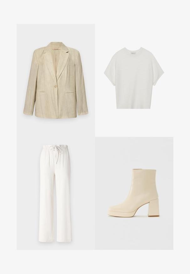 Beige blazer with a notch collar, single button closure, and two front pockets. Textured fabric with vertical stripes. Long sleeves.; White short-sleeve t-shirt with a wide crew neck and textured ribbed pattern, made of soft fabric, featuring a relaxed fit and a clean design.; White wide-leg pants made of soft fabric, featuring a drawstring waist and smooth texture. No patterns or embellishments visible.; Beige leather ankle boot with block heel and platform sole, smooth finish, and slightly squared toe facing left on white background.