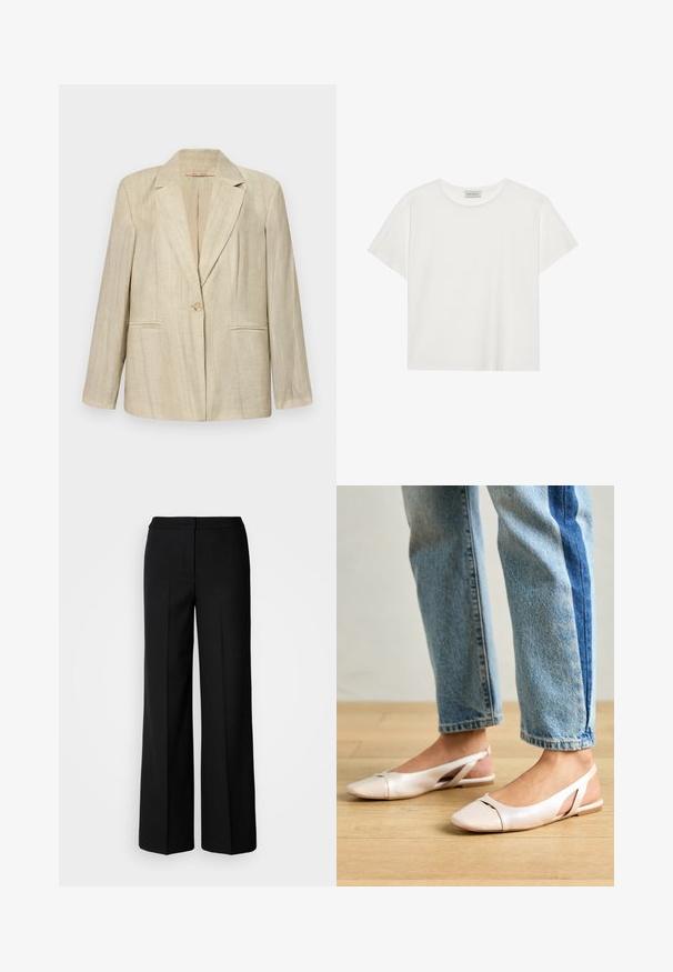 Beige blazer with a notch collar, single button closure, and two front pockets. Textured fabric with vertical stripes. Long sleeves.; White short-sleeve T-shirt made of soft cotton. Features a round neckline and relaxed fit. Clean design with no visible patterns or accents.; Black wide-leg trousers with a smooth fabric, featuring a high waist, tailored seams, and a minimalist design. No visible hardware or pockets.; Pale pink slingback flats with a pointed toe, made from a smooth leather-like material. Features cut-out details at the sides and a flat heel.