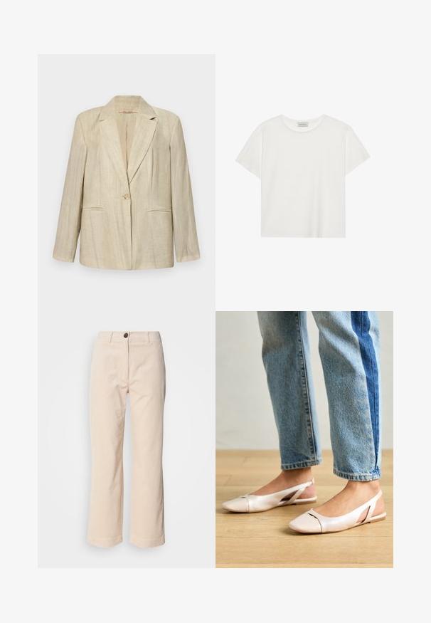 Beige blazer with a notch collar, single button closure, and two front pockets. Textured fabric with vertical stripes. Long sleeves.; White short-sleeve T-shirt made of soft cotton. Features a round neckline and relaxed fit. Clean design with no visible patterns or accents.; Beige corduroy pants with straight legs, front button closure, and side pockets visible on a white background.; Pale pink slingback flats with a pointed toe, made from a smooth leather-like material. Features cut-out details at the sides and a flat heel.