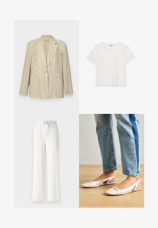 Bordas švarkas su išsikišusia apykakle, vienu mygtuko uždarymu ir dviem priekinėmis kišenėmis. Audinys su tekstūra ir vertikaliomis juostelėmis. Ilgos rankovės.; Balta trumpa rankovė T-marškiniai, pagaminti iš minkštos medvilnės. Charakterizuojami apvali kaklo iškirpte ir laisvu siluetu. Švarus dizainas be matomų raštų ar akcentų.; Balti plačios kelnės, pagamintos iš minkštos medžiagos, su raišteliu liemens srityje ir glotnia tekstūra. Nėra matomų raštų ar puošmenų.; Šviesiai rožiniai slingback baleto bateliai su smailiu pirštu, pagaminti iš lygios odai panašios medžiagos. Yra išpjovimų detalės šonuose ir plokščias kulnas.