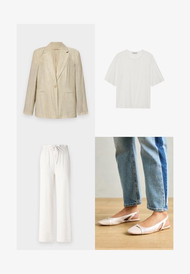 Beige bleiseri, jossa on notchkraavu, yksittäinen nappisulku ja kaksi etutaskua. Teksturoitu kangas, jossa on pystysuorat raidat. Pitkät hihat.; Valkoinen lyhythihainen t-paita pehmeästä kankaasta. Ominaisuuksina pyöreä pääntie ja hieman laatikkomainen muoto. Sileä tekstuuri, minimaalinen yksityiskohtaisuus.; Valkoiset leveät housut pehmeästä kankaasta, joissa on nyörivyö ja sileä pinta. Ei kuvioita tai koristeita näkyvissä.; Vaaleanpunaiset slingback-ballerinat, joissa on terävä kärki, valmistettu sileästä nahkamaisesta materiaalista. Sivujen leikkuuyksityiskohdat ja tasapohja.