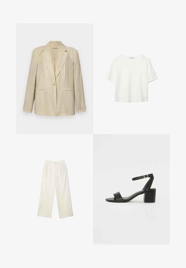 Beige kavaj med notch-krage, enkel knappstängning och två framfickor. Texturerad tyg med vertikala ränder. Långa ärmar.; Vit t-shirt med kort ärm i bomull. Har en rundad halsringning och en avslappnad passform. Slät textur utan synliga mönster eller detaljer.; Breda byxor i krämfärgad tyg med en mjuk yta, med en enda knapp fram, subtila veck och en hög midja design.; Svart klacksandals med en slät läderöverdel, öppen tå, breda framremmar och justerbart ankelband med en guldfärgad spänne.