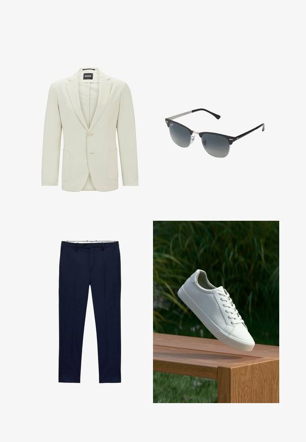 Světle béžový blazer vyrobený z texturované tkaniny. Má klopový límec, dvě přední kapsy a zapínání na jeden knoflík.; Bílé trička s krátkým rukávem poskládaná, vyrobená z bavlny. Mají kulatý výstřih a rovný střih. Tkanina vypadá hladce, bez vzorů.; Námořnické modré kalhoty se slim fit a pruhovaným vzorem. Obsahují zip, poutka na opasek a přední kapsy. Hladká textilie.; Bílé šněrovací tenisky, které se vznášejí nad dřevěnou lavicí, s zeleným listím v pozadí, předvádějící design a strukturu boty.; Černé a stříbrné sluneční brýle ve tvaru kočičích očí, se stupňovitými skly a kovovými detaily na rámu. Plastové nožičky s šedými konci.