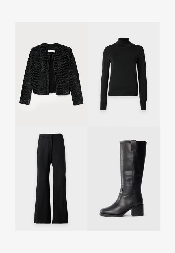 Zwarte cropped jas met een textuur in zigzagpatroon, voorzien van metallic draden voor glans. Geen sluitingen, ronde halslijn en lange mouwen.; Zwarte trui met lange mouwen en col, voorzien van geribde manchetten en zoom, weergegeven op een effen witte achtergrond.; Zwarte uitlopende broek van lichtgewicht stof met een kanten rand aan de zijkanten. Gestructureerde tailleband en een fraaie, gladde textuur.; Zwarte leren kniehoge laarzen met een gladde textuur, vierkante neus, blokhak en zijhandvat, met minimale stikseldetails.
