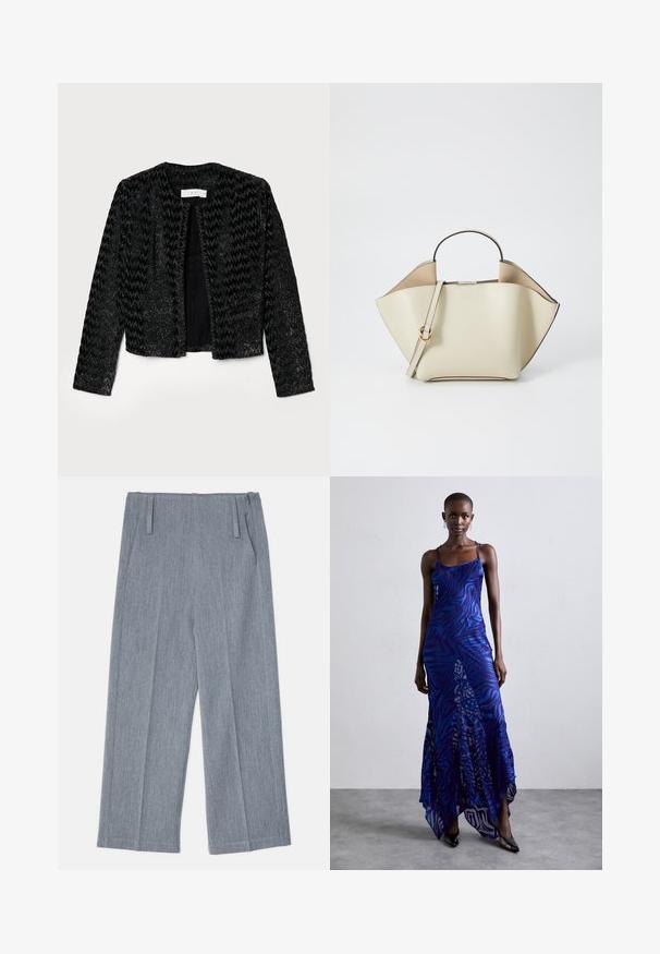 Czarna krótka kurtka z fakturowanym, zygzakowatym wzorem, z metalicznymi włóknami nadającymi połysk. Bez zapięć, okrągły dekolt i długie rękawy.; Biała bawełniana koszulka z okrągłym dekoltem i krótkim rękawem, o luźnym kroju i minimalistycznym designie. Metka widoczna na szyi.; Jasnoszare spodnie o szerokich nogawkach wykonane z teksturowanej tkaniny, z dwoma plisami z przodu i dwoma kieszeniami po bokach. Czysty, dopasowany krój.; Maxi sukienka w niebiesko-fioletowy wzór zwierzęcy, z cienkimi ramiączkami, dopasowanym gorsetem, rozkloszowanym dołem i przeźroczystymi detalami.; Ree Projects ANN taupe